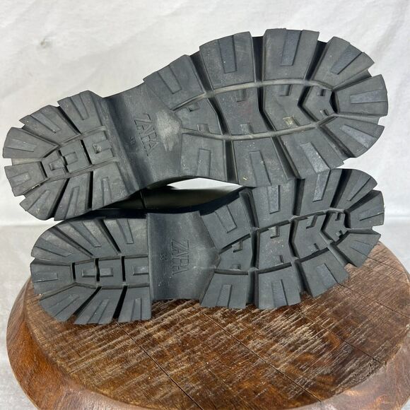 Zara Boots Womens 8 Brown Leather Ankle Lug Soles Round Toe Elastic Side Panels - Picture 13 of 13